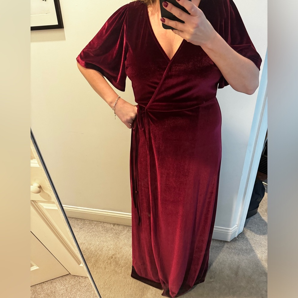Velvet maxi wrap dress in a cranberry color